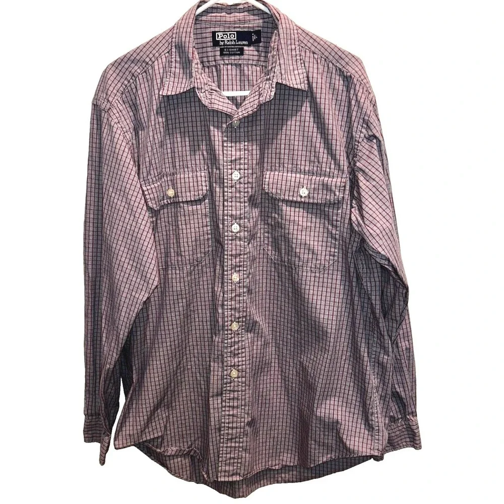 Polo Ralph Lauren G.I. Shirt Large Mens Red White Plaid Check Cotton Utility‎
